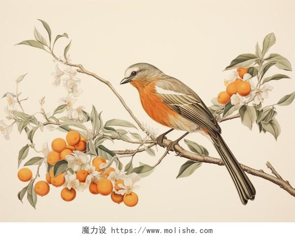 一只小鸟站在树枝上古风AI插画国画工笔画鸟果实果子动物自然